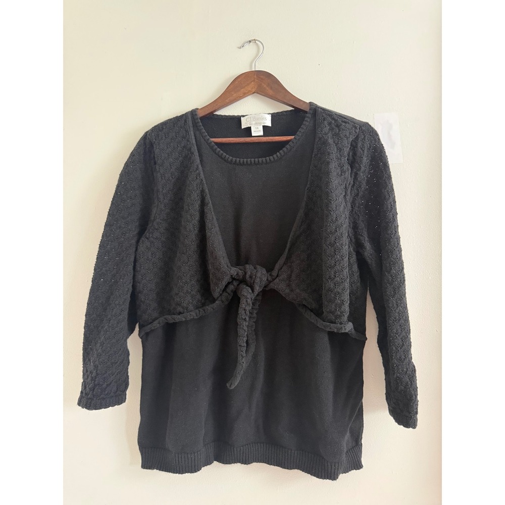 CJ Banks Black Tie Front Layered Look Knit Sweater 1X Ramie Cotton Blend